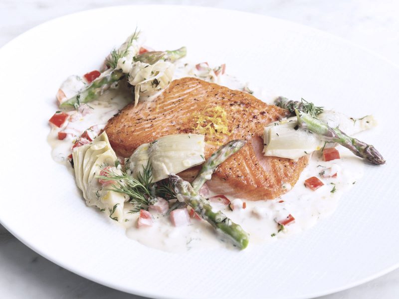 Salmon with celery sauce and spring asparagus