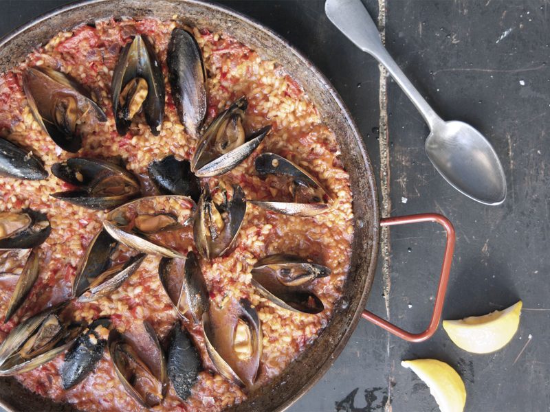 Seafood Paella with Chicken, Mussels and Prawns